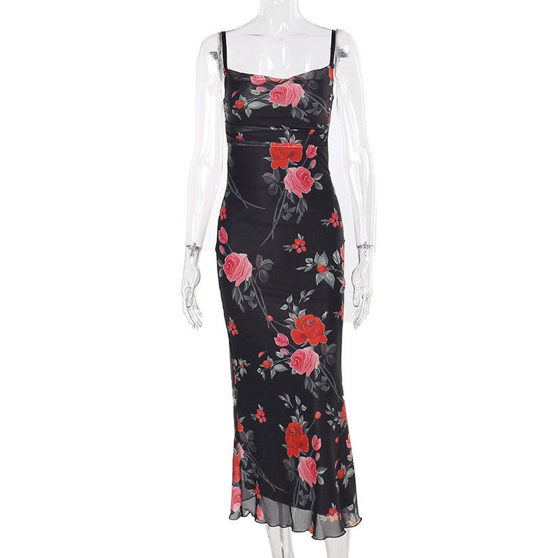 Flowers Print Spaghetti Strap Dresses Women Temperament Package Hip Bodycon Long