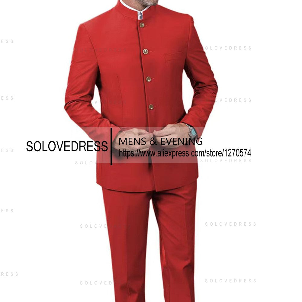 Classic 2 Piece Men's Slim Fit Solid Color Stand Collar Wedding Suit (Blazer+Pants?