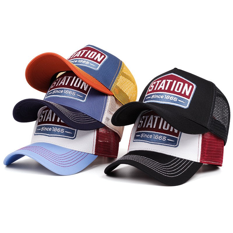 Boné Unissex Clássico com Estampa de Letras "STATION" em Tela, Boné Respirável Masculino e Feminino para Streetwear, Chapéu Trucker de Verão