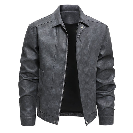 Plus Size Men's Casual Loose Fit Turndown Collar Motorcycle PU Leather Jacket, Suitable For Autumn, Zipper Front