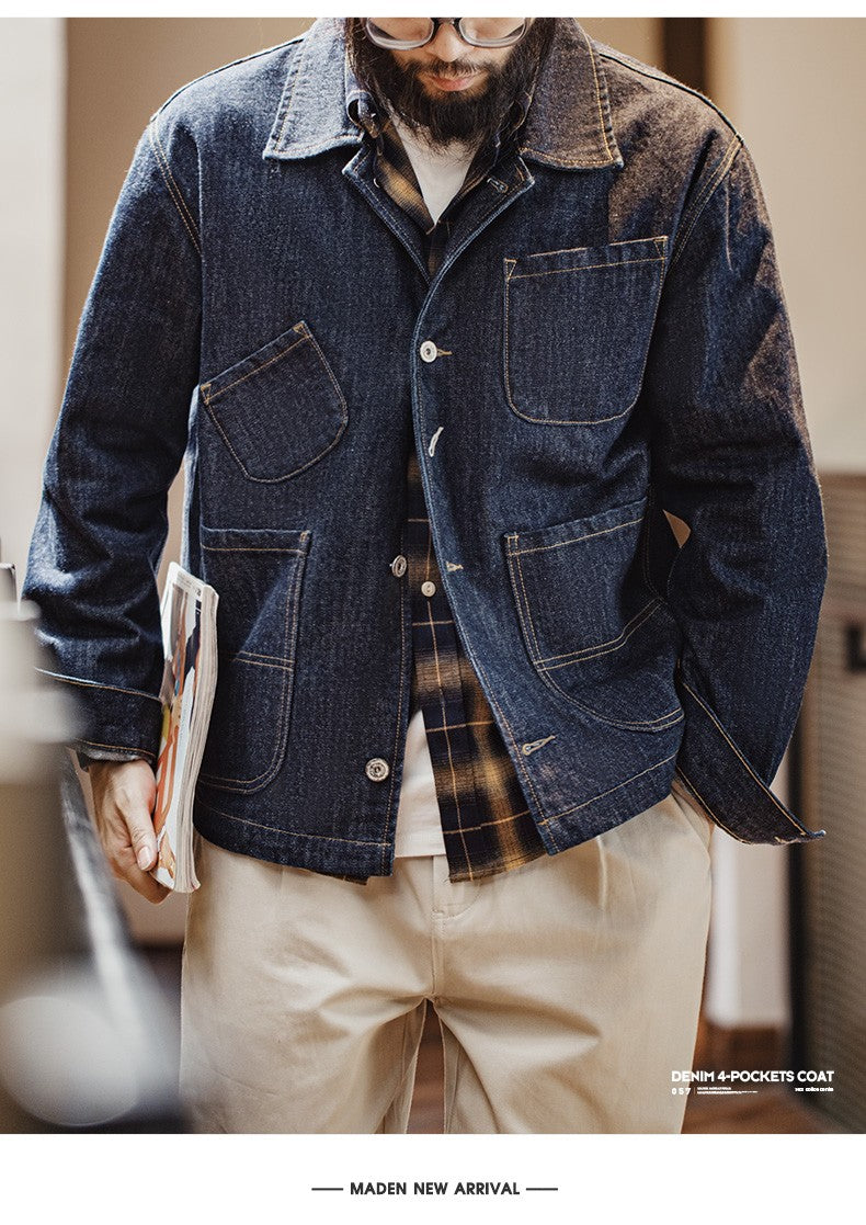 Maden Vintage Asymmetrical Four-pocket Design Denim Coat for Men 14OZ Single-breasted Turn-down Collar Jacket Autumn Work Coat