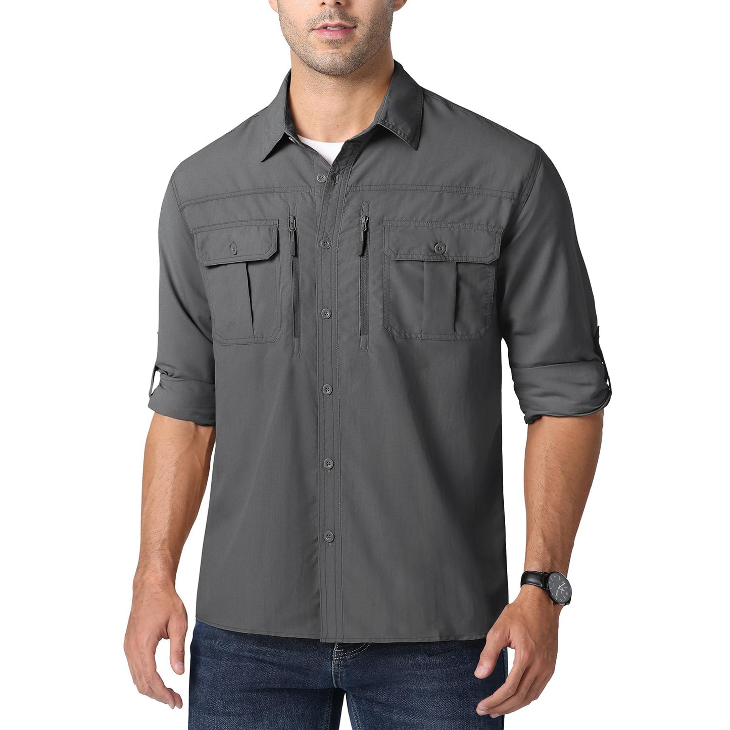 MAGCOMSEN UPF 50+ Mens Quick Dry Cargo Shirts Mesh Breathable Long Sleeve Work Shirts UV block Outdoor Hiking Fishing Shirts