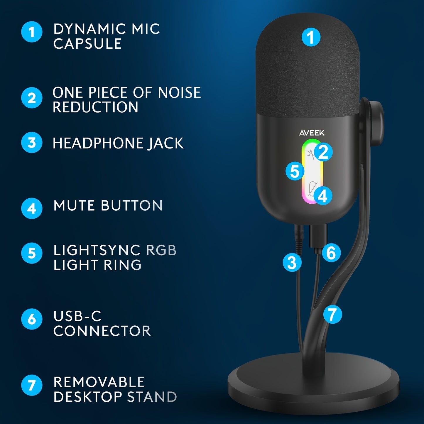 Microfone Condensador USB Aveek, Microfone de Estúdio para Jogos para PC, PS4, PS5 e Mac, Sensor Tap-to-Mute, RGB com Cancelamento de Ruído