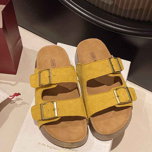 Bebealy Women's Sandals Soft-soled Platform Sandals Double Buckle Roman-style Belt-buckle Slippers Popular Slip-on Flat Slippers