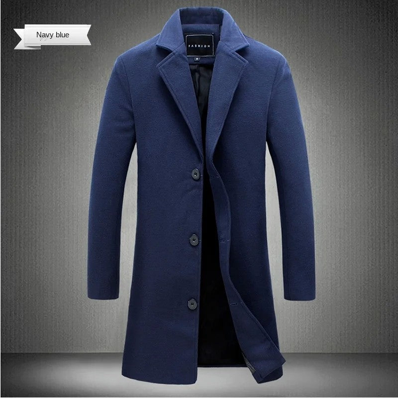 2024 Spring Autumn New Long Cotton Coat New Wool Blend Pure Color Casual Business Fashion Men's Clothing Slim Windbreaker Jacket