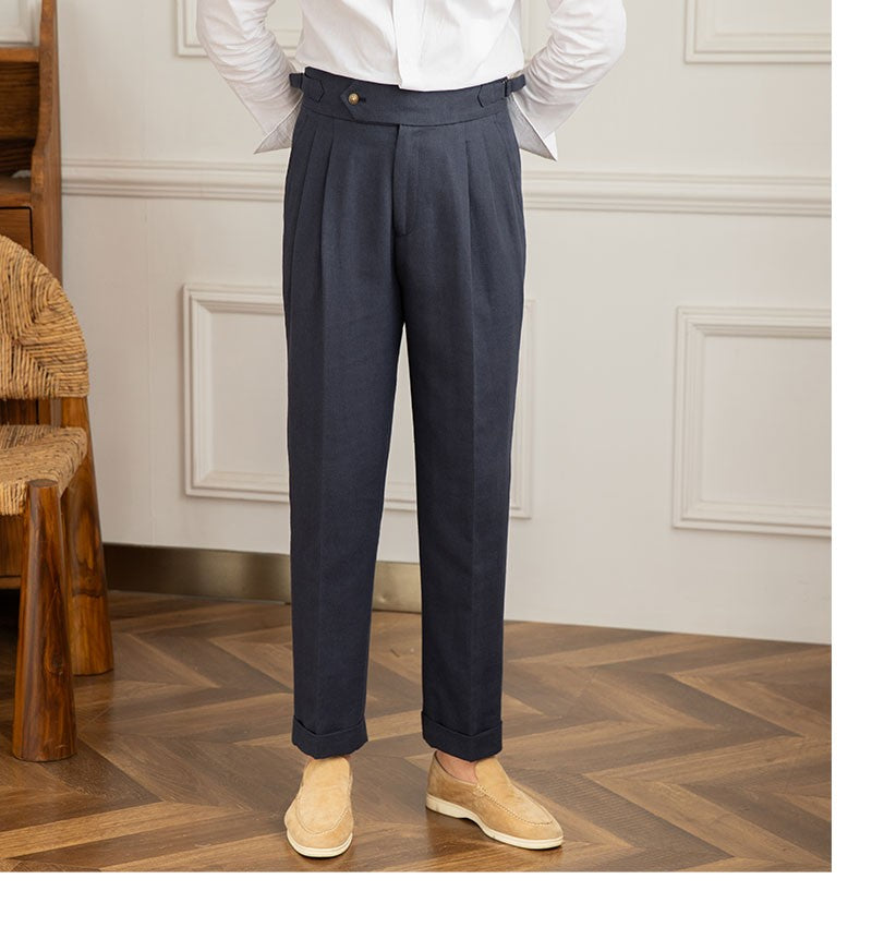 Three Gentleman Summer Naples Casual Straight Pants Men's Commuting Cotton and Linen Comfortable Breathable High Waist Pants