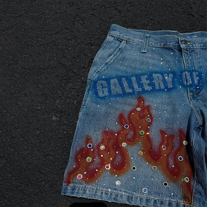 Y2K Fashion Distressed Hand Painted Vibrant Red Flame Pattern Gemstone Decoration Blue Denim Shorts Men Women Casual Streetwear