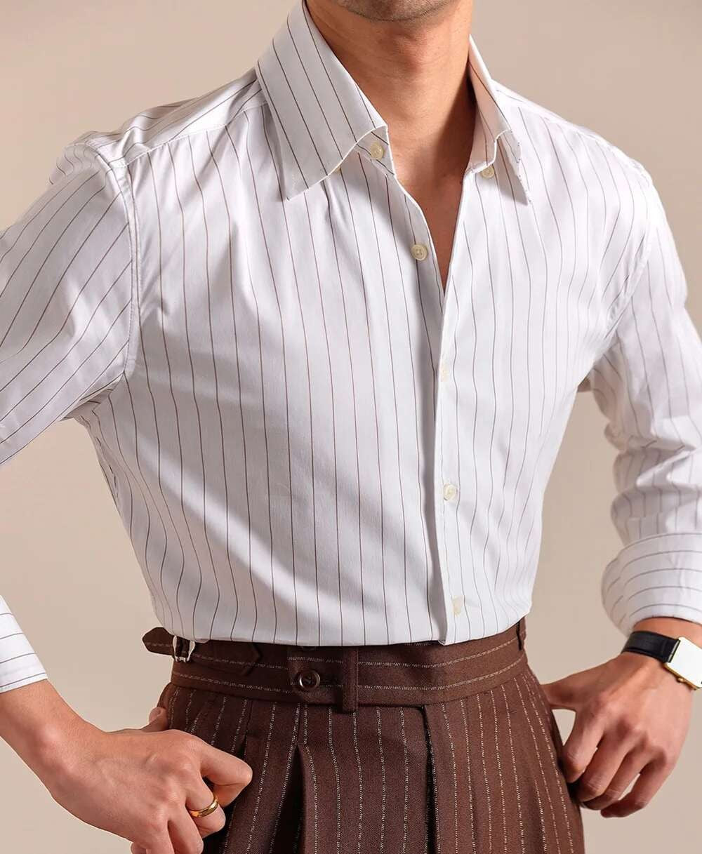 Cotton Blend Striped Casual Italian Style One Piece Collar Long Sleeved Shirt Men High Count Cotton Gentleman Business Shirt Men