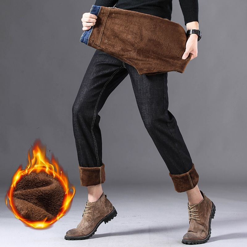 Men New Winter Warm Jeans Male Fleece Lined Thickened Denim Pants Loose Straight Cold Protection Casual Breathable Trousers
