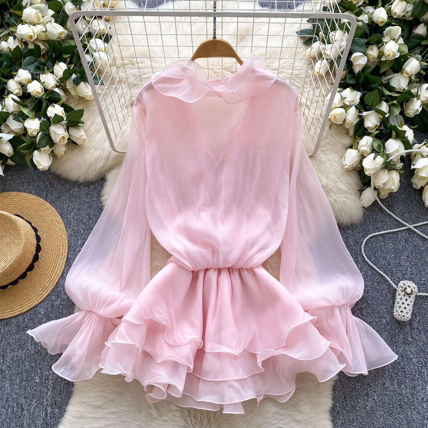 SINGREINY 3D Floral Beach Short Dress Female Long Sleeves Lace Up Ruffle Chiffon