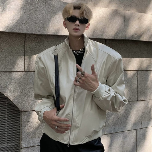 Stand Up Collar Design PU Leather Jacket Men's Retro Shoulder Pad Motorcycle Short Jacket Top