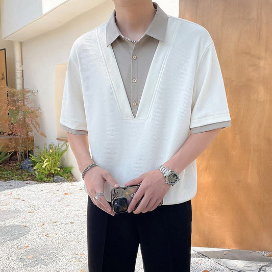 2025 summer new men's fake two-piece shirt, men's clothing, trendy brand, casual, high-end short-sleeved polo shirt
