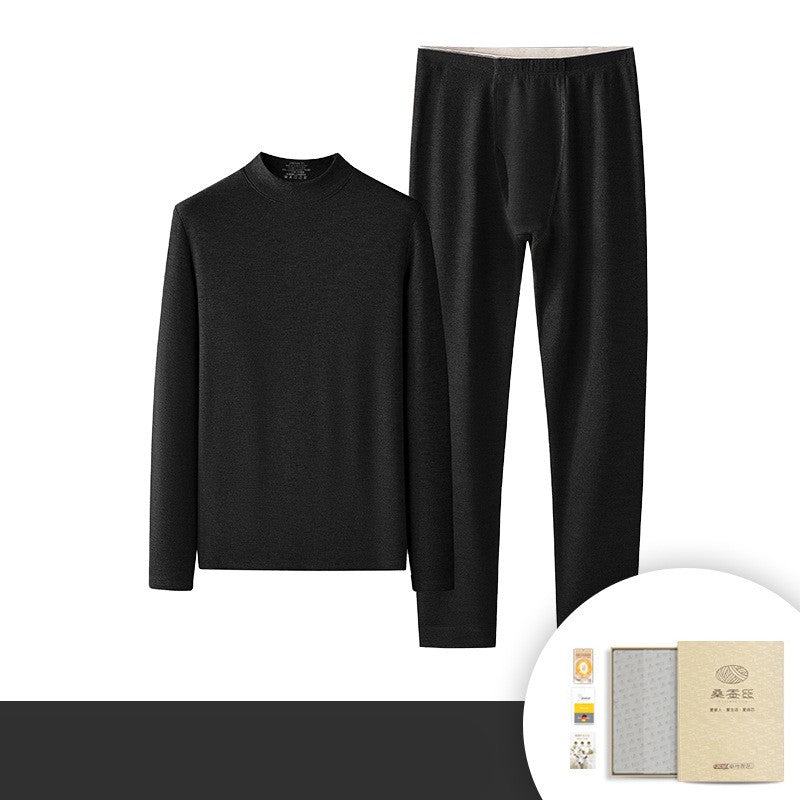 6760 Autumn Winter Keep Warm Slim Underwear Tops Pants For Men Good Quality Mulberry Silk Fleece Thicken Simple Male Sets Gift