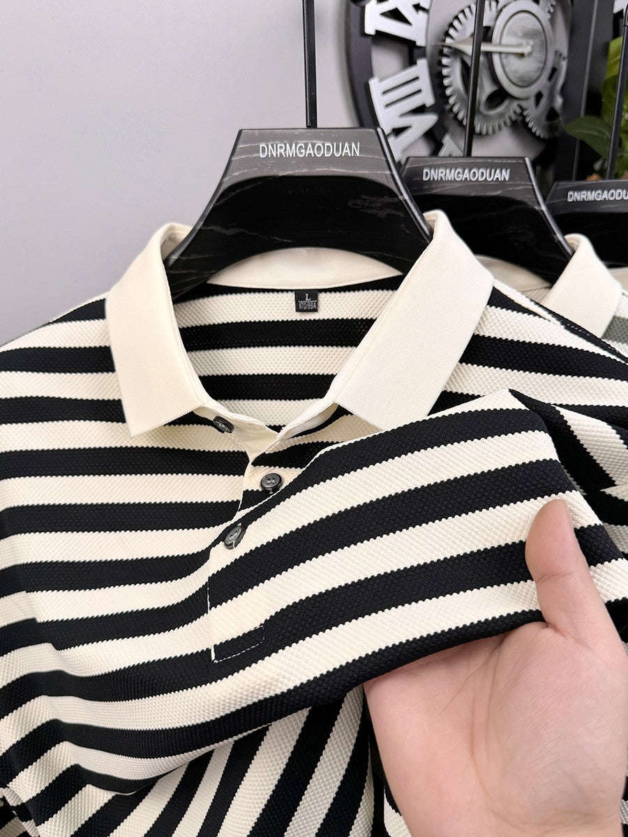 High Quality Summer Men's 2025 New Short Sleeved T-shirt with Striped Half Sleeves Trendy T-shirt Polo Shirt for Men