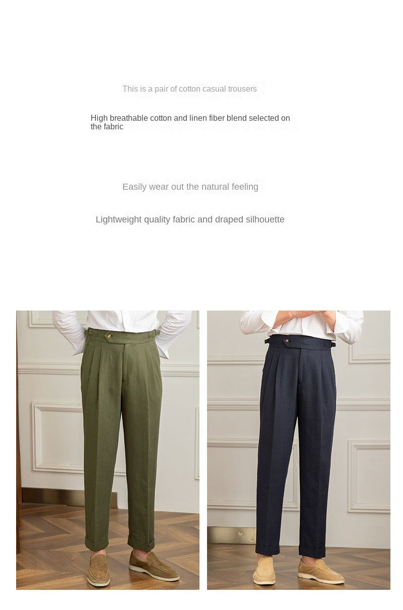 Three Gentleman Summer Naples Casual Straight Pants Men's Commuting Cotton and Linen Comfortable Breathable High Waist Pants