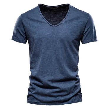 2024 hot summer men's new solid color V-neck pure cotton short sleeved T-shirt hot selling men's T-shirt top Men Mens