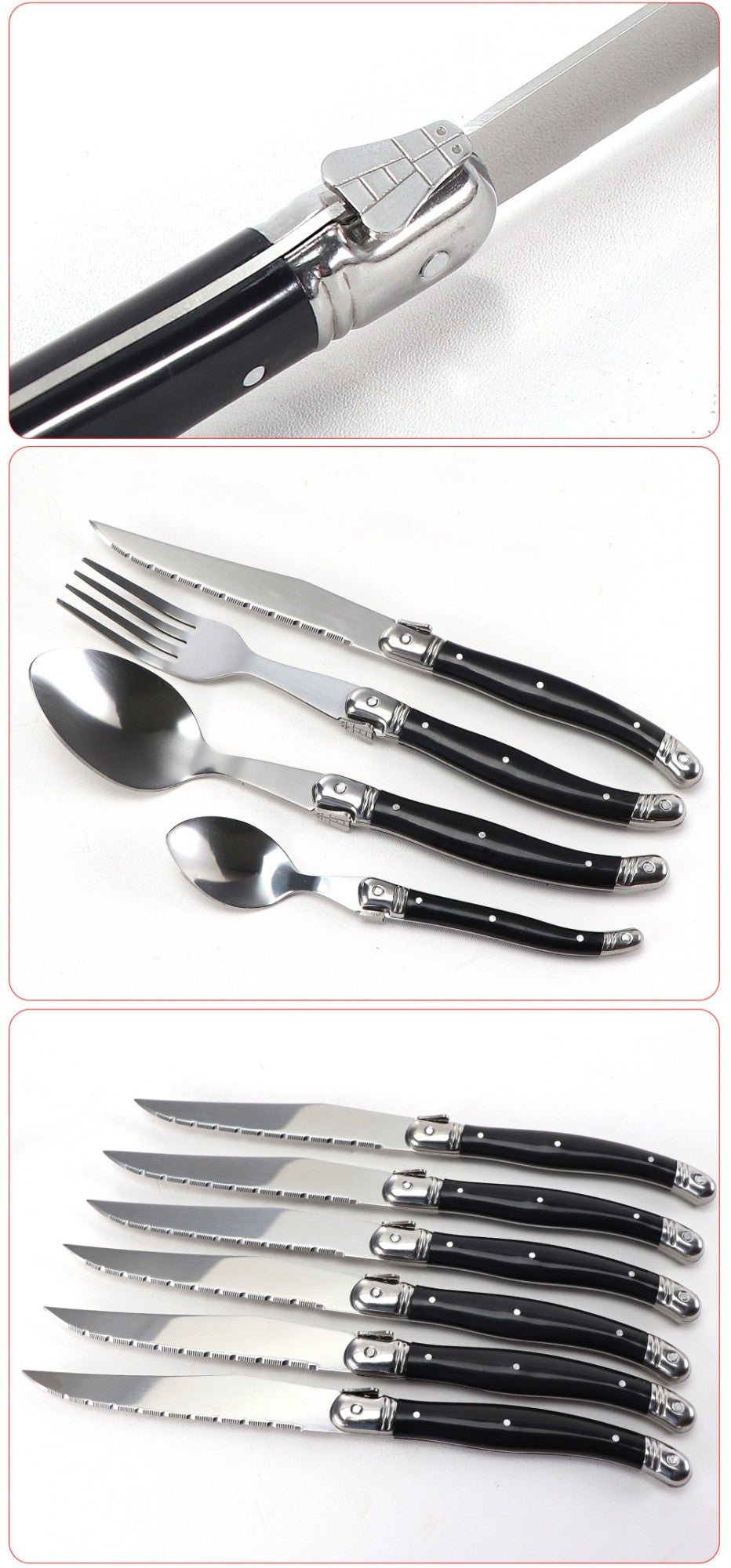 Jaswehome 24 peças Talheres Laguiole com Cabo Preto Conjunto de Facas de Bife Elegante Kit de Talheres Profissional