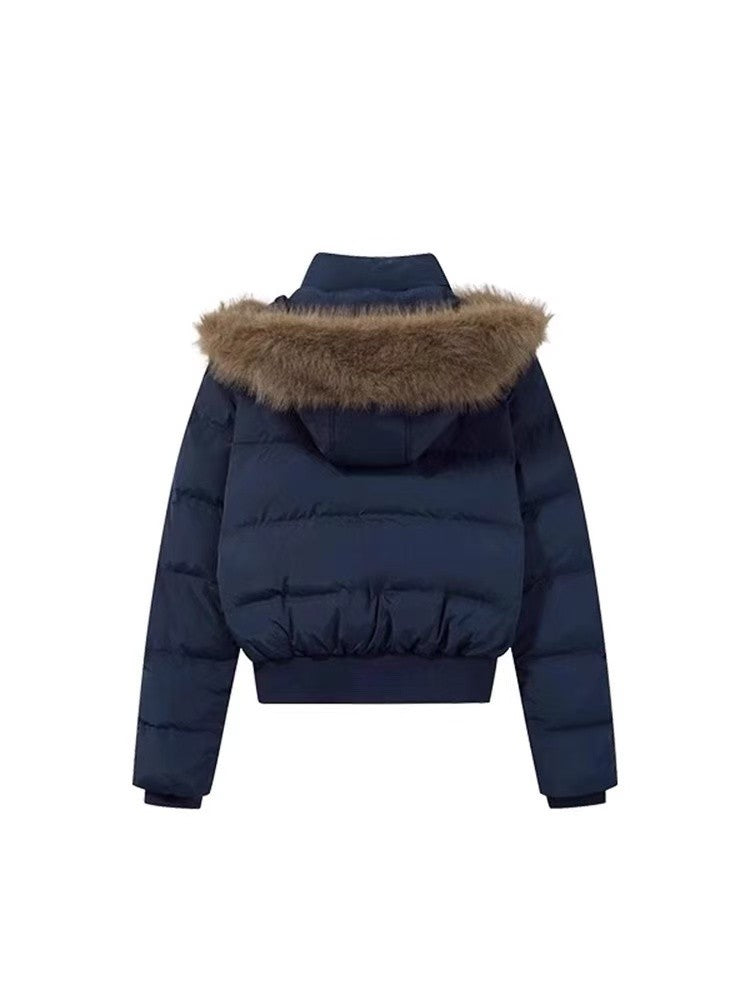 South District Fiona Women's Winter Jacket Navy Blue Cotton Short down Coat with Detachable Hood And Fur Collar