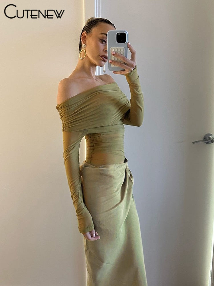 Cutenew Mesh Ruched Women Maxi Dress Sexy See Through Off Shoulder Long Sleeve S