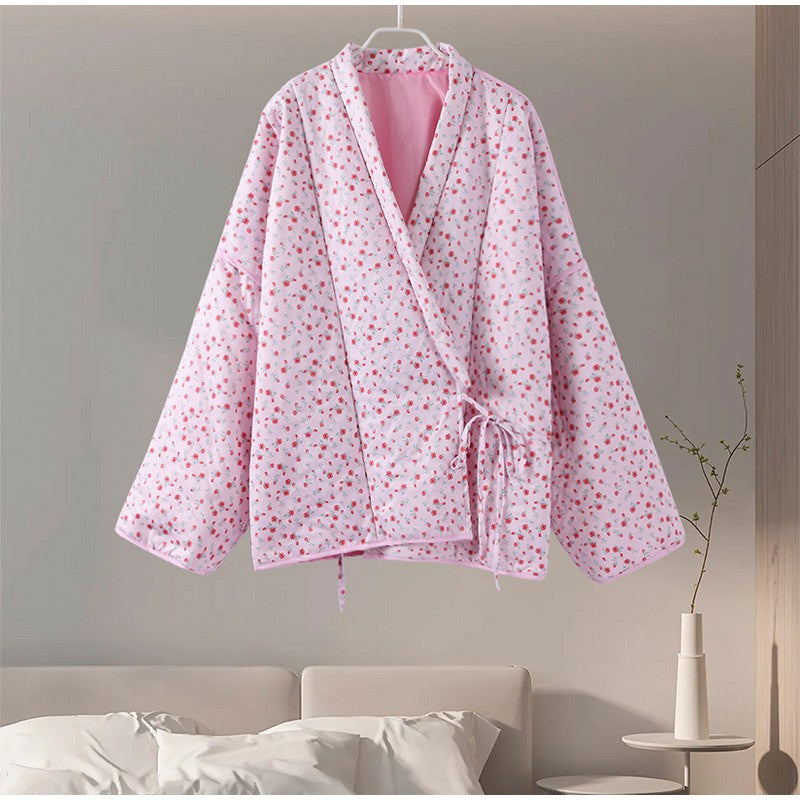 Floral Printed Women's Cardigan Cute Lace up Pink Women Coat Casual Loose Autumn Warm Coats Fashion New Ladies Coats Outerwear