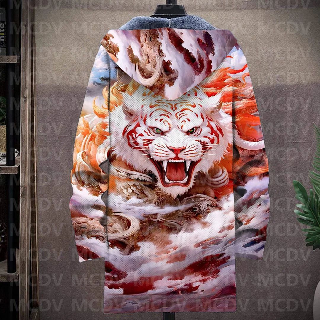 Men's Retro Print Plush Thick Long-Sleeved Coat Cardigan Tiger 3D Prined Fleece Hooded Overcoat Unisex Thick Warm Jacket