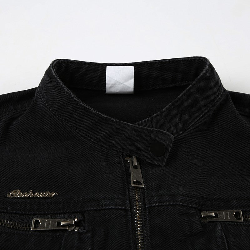 Rockmore Streetwear Double Zipper Denim Jackets Solid Casual Vintage Long Sleeve Outerwear Harajuku Cargo Style Women's Coats