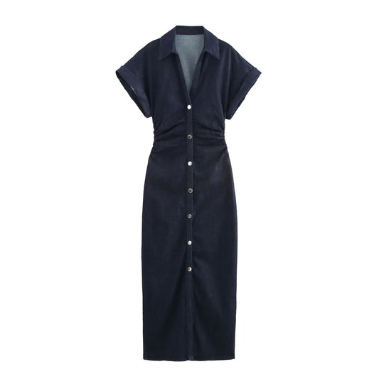 ETJ 2025 Spring New 1975 series denim MIDI dress with lapel side zipper fashion wrinkle waist slim elegant dress