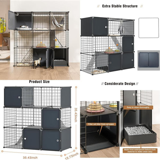 Recinto Multifuncional para Gatos de 3 Níveis: Cercadinho Interno/Externo com Caixa de Areia e Gaiola de Metal Destacável