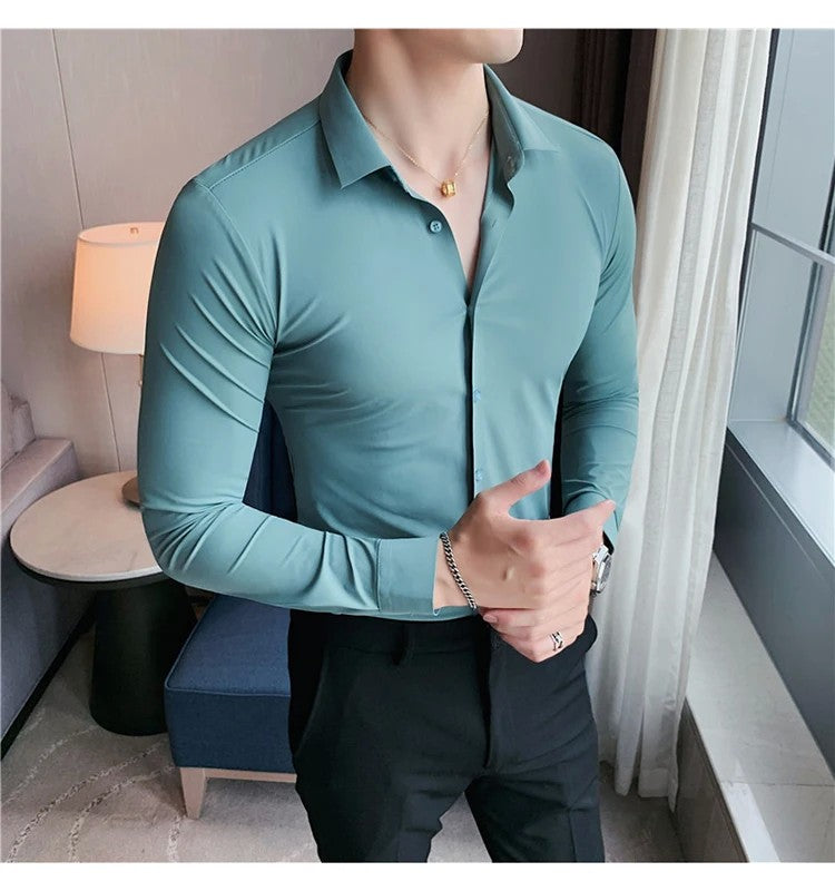Men's Long Sleeved Elastic Shirt No Ironing Business Wear Professional Workwear Stand Up Collar Shirt Casual Solid Color Shirt