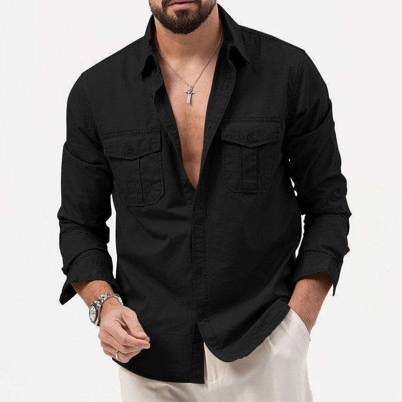 Safari Cotton Shirts Mens Outdoor Work Travel Button Down Tops Casual Long Sleeve Hiking Camping Utility Shirt With Flap Pocket
