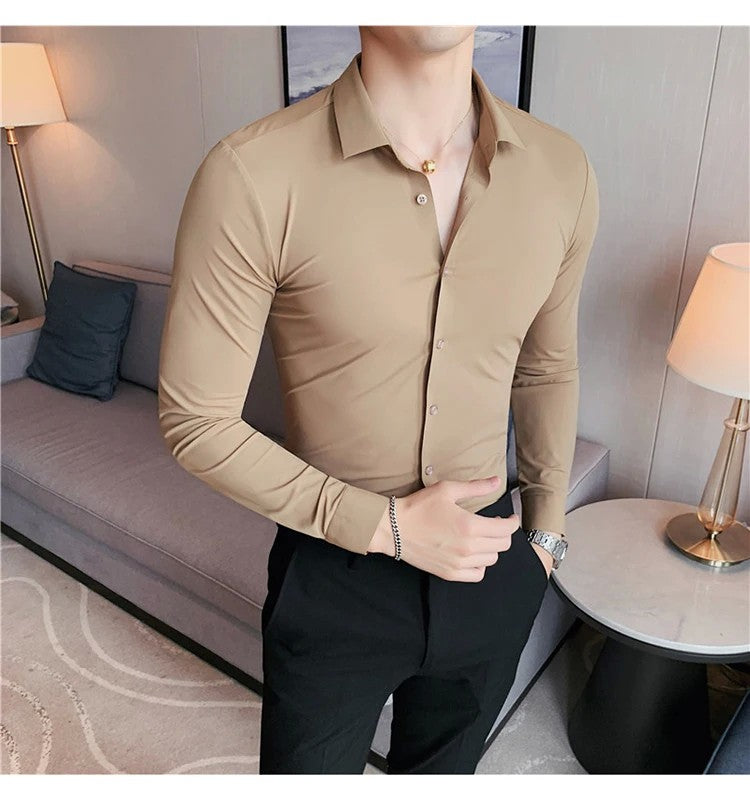 Men's Long Sleeved Elastic Shirt No Ironing Business Wear Professional Workwear Stand Up Collar Shirt Casual Solid Color Shirt