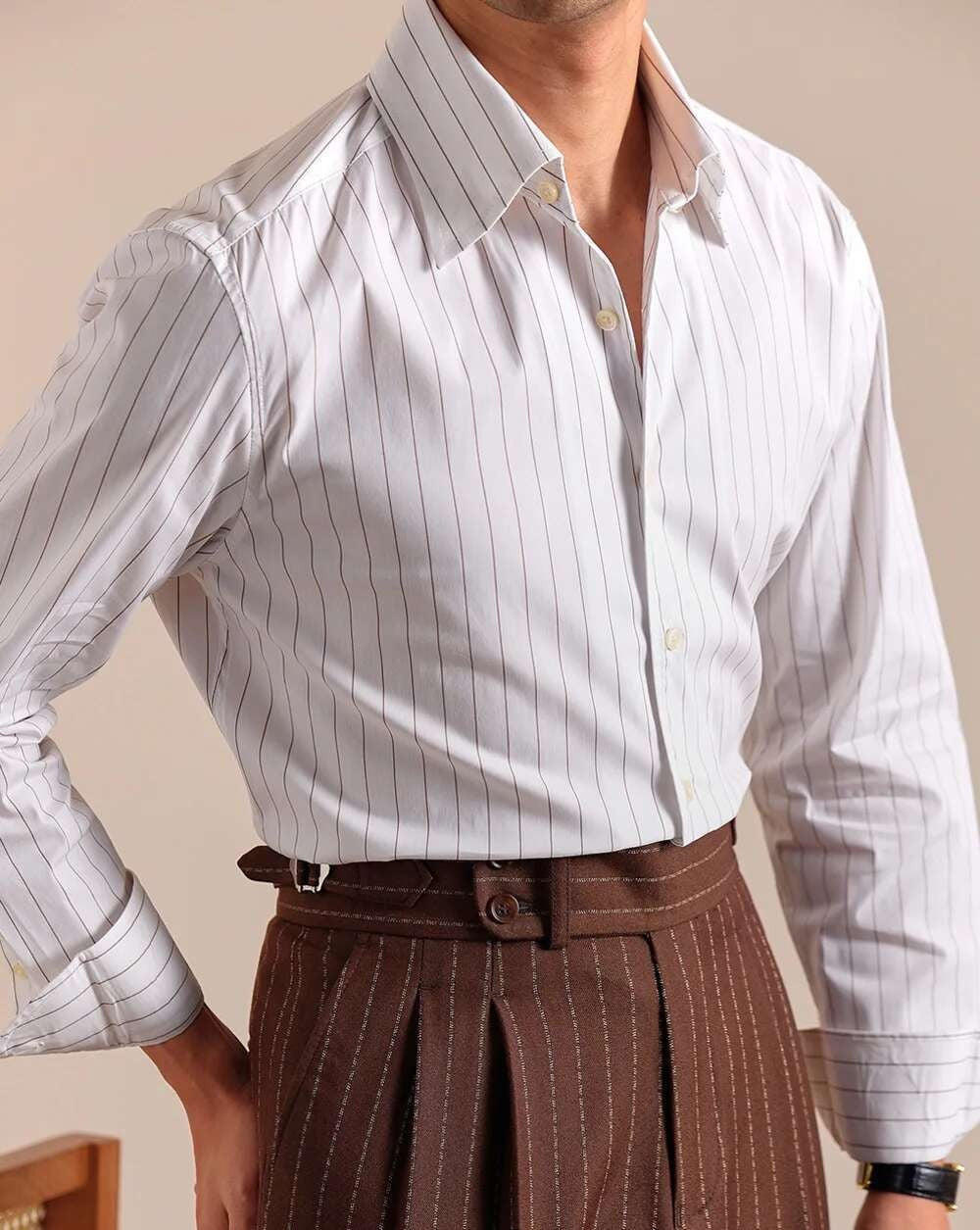 Cotton Blend Striped Casual Italian Style One Piece Collar Long Sleeved Shirt Men High Count Cotton Gentleman Business Shirt Men