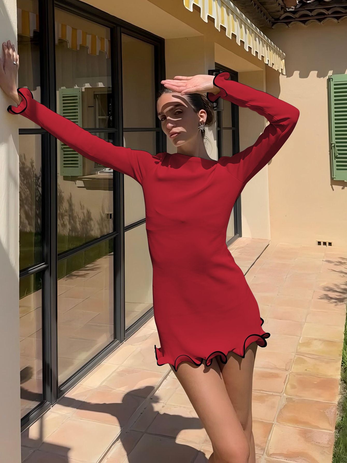 Dulzura O-Neck Long Sleeves Ruffles Patchwork Bodycon Mini Dress Sexy Elegant Ou