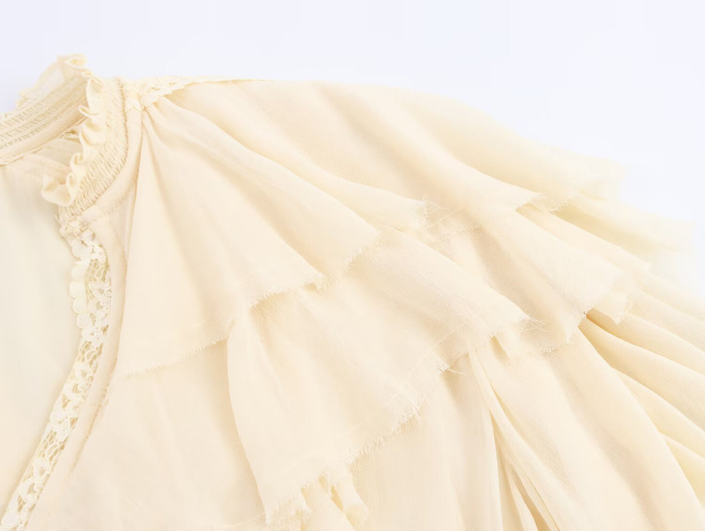 ZEAINS Beige French V-neck lace ruffle court style chiffon long sleeved shirt top for women in autumn