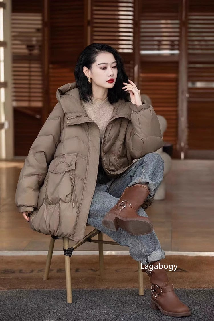 Lagabogy 2025 Women Autumn Winter Vintage Style Loose Casual Mid-Long Hooded Warm Puffer Coat Female 90% White Duck Down Jacket