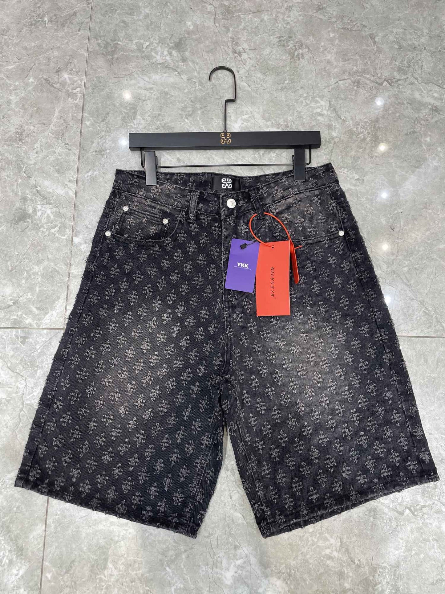 New Summer Men Distressed Short Jeans Vintage Jacquard Straight Leg Men's Denim Shorts Pants