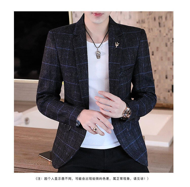 Men's casual plaid suit jacket, fashionable and versatile slim-fitting top, stylish plaid suit