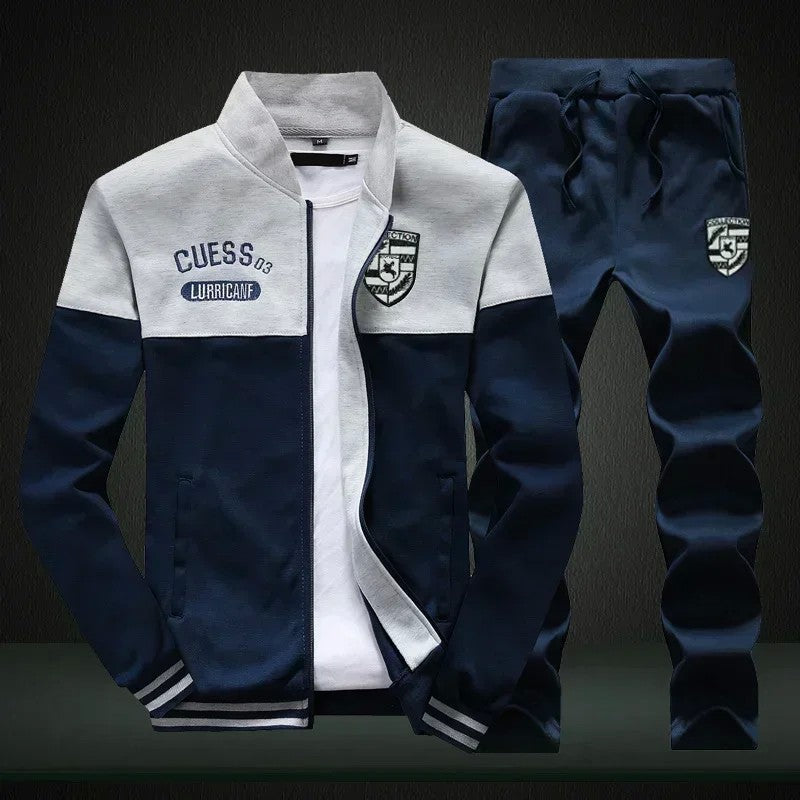 Winter Men's Sports Suit with Fleece and Warm Standing Collar Jacket+men's Drawstring Sports Pants Fashionable Printed Men's Set