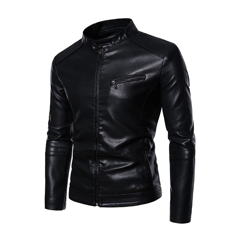 2025 PU Casual Leather Jacket Men Fleece Motorcycle Biker Slim Fit Outerwear Men Solid Stand Collar Leather Jackets