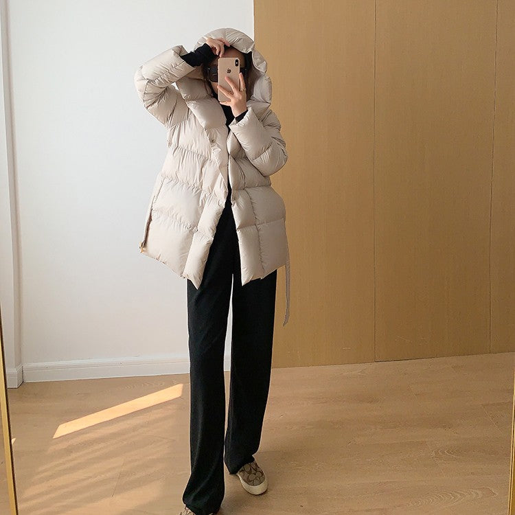 2025 Winter Women's Down Jackets Ultra Light Warm Cusual Coat Female Puffer Jacket With Belt Plus Size Hooded Short Parka