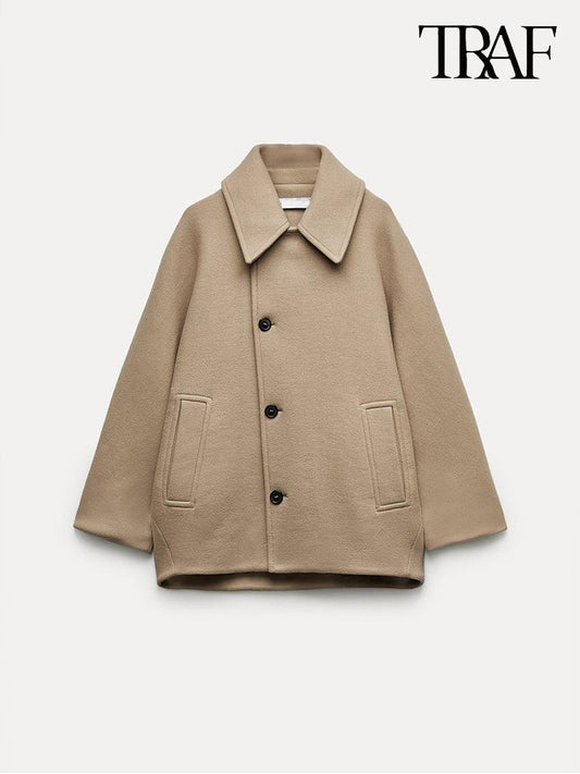 Sobretudo Feminino Casual Vintage Cáqui Manga Morcego Gola Lapela Quente Tweed Outono Inverno Moda Solto Abotoamento Único