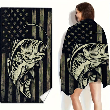 1pc & Fishing Pattern Beach Towel, Absorbent Beach Towel, Soft Beach Blanket, For Travel Camping Swimming Vacation, Beach , Gif