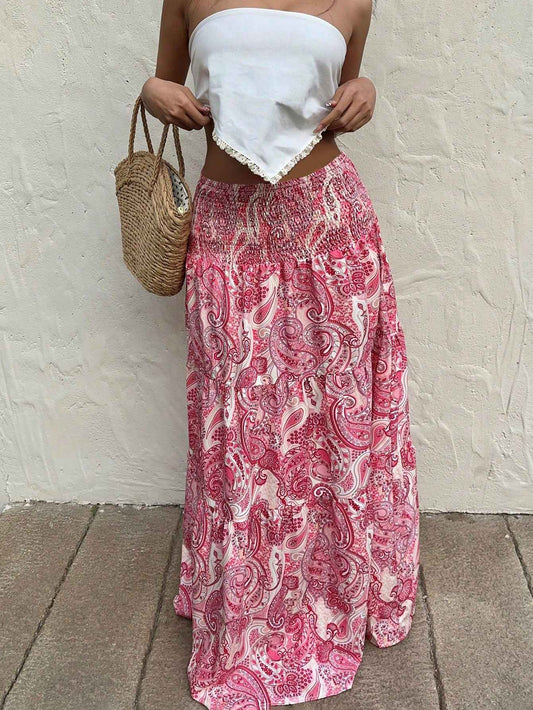Vacation Style Stretchy Waist Long Maxi Skirt - Flowy Beach Skirt with Elastic Waistband