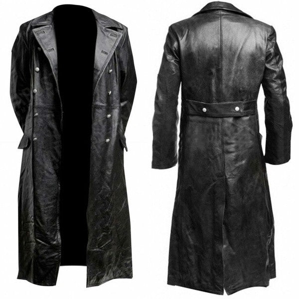 MEN'S GERMAN CLASSIC WW2 MILITARY UNIFORM OFFICER BLACK LEATHER TRENCH COAT