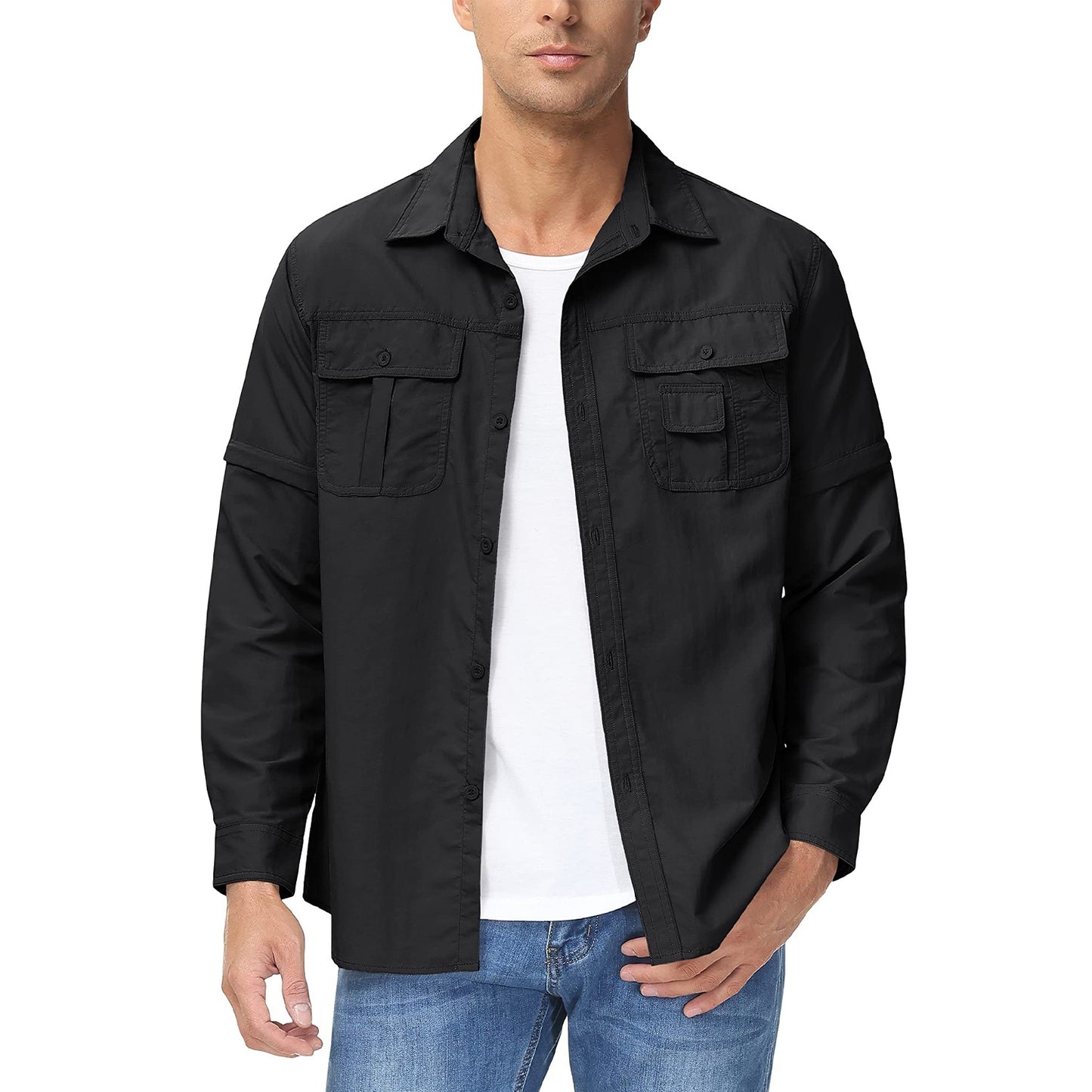 TACVASEN Summer Quick Dry Long Sleeve Cargo Work Shirts with Pockets Mens Safari Hiking Shirts Button Down Shirts Clothes Males