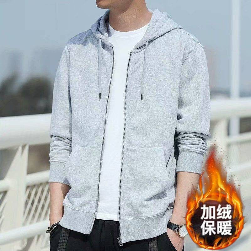 Men's Fleece-Lined Warm Jacket 2024 Autumn Winter New Cardigan Sports Top Casual Hooded Sweatshirt Regular Length China Origin