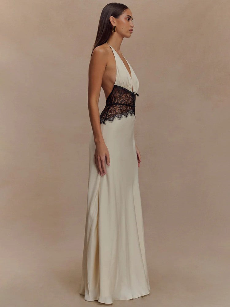 Mozision Summer Backless Sexy Maxi Dress Women Gown Patchwork Lace Halter Deep V