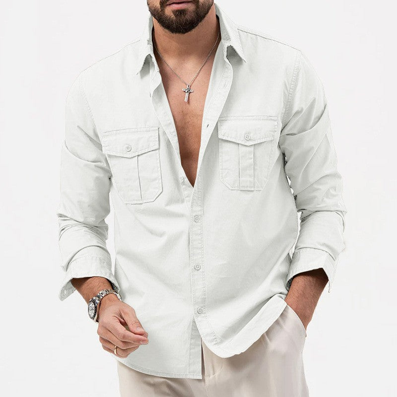Safari Cotton Shirts Mens Outdoor Work Travel Button Down Tops Casual Long Sleeve Hiking Camping Utility Shirt With Flap Pocket