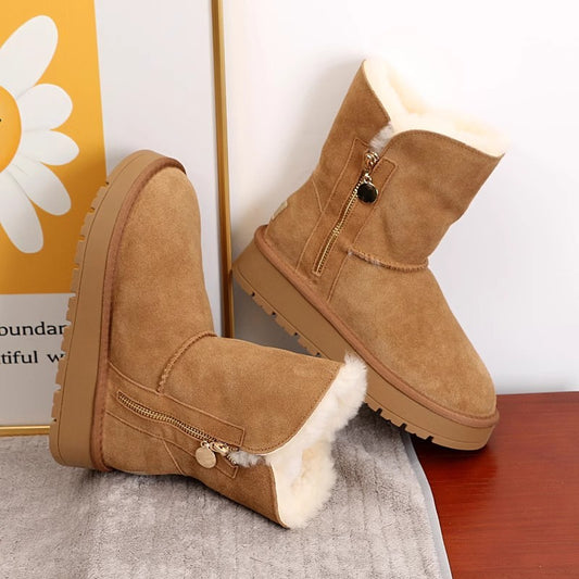 2024 Winter Women Short Plush Warm Snow Boots Casual Shoes New Suede Fur Chelsea Ankle Boots Flats Platform Ladies Shoes Botas