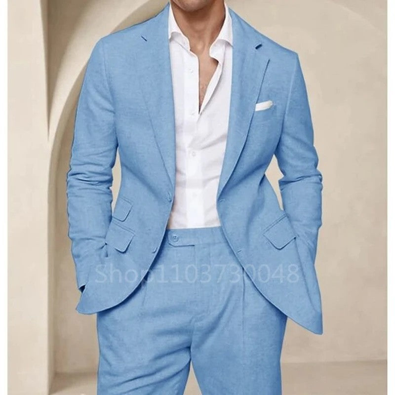 2 Piece High Quality Blue/Beige Linen Men Suit Smart Casual Single Breasted Slim Fit Notch Lapel Blazer with Pants Costume Homme